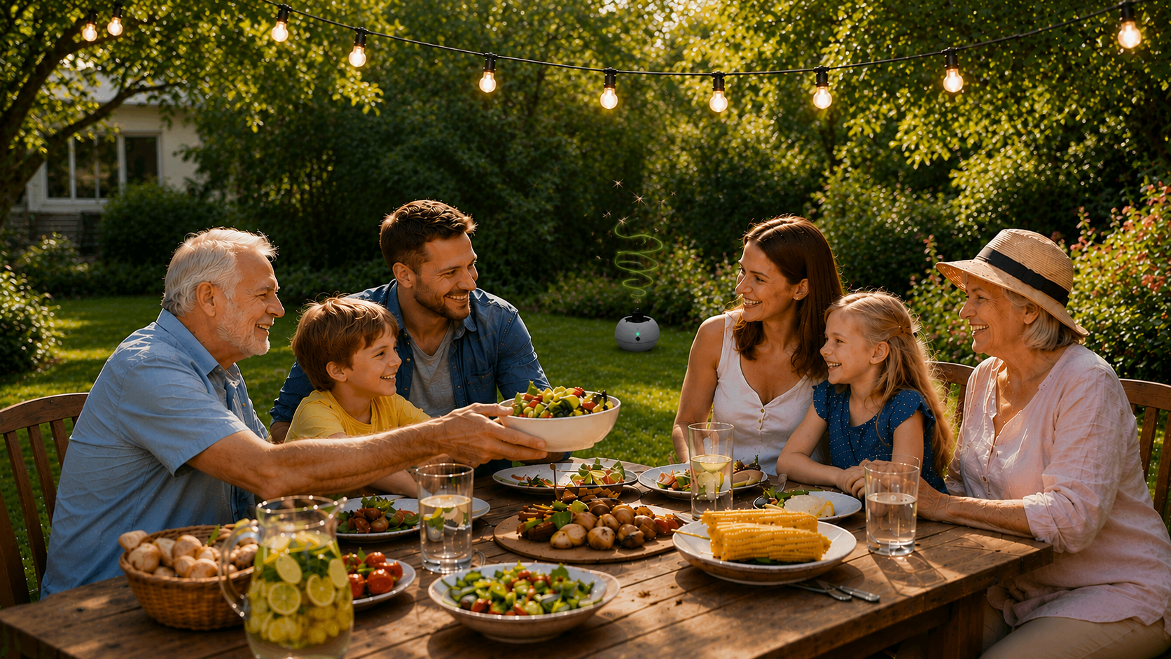 Famille profitant d'un repas au jardin, protégée par la borne LISA PAM